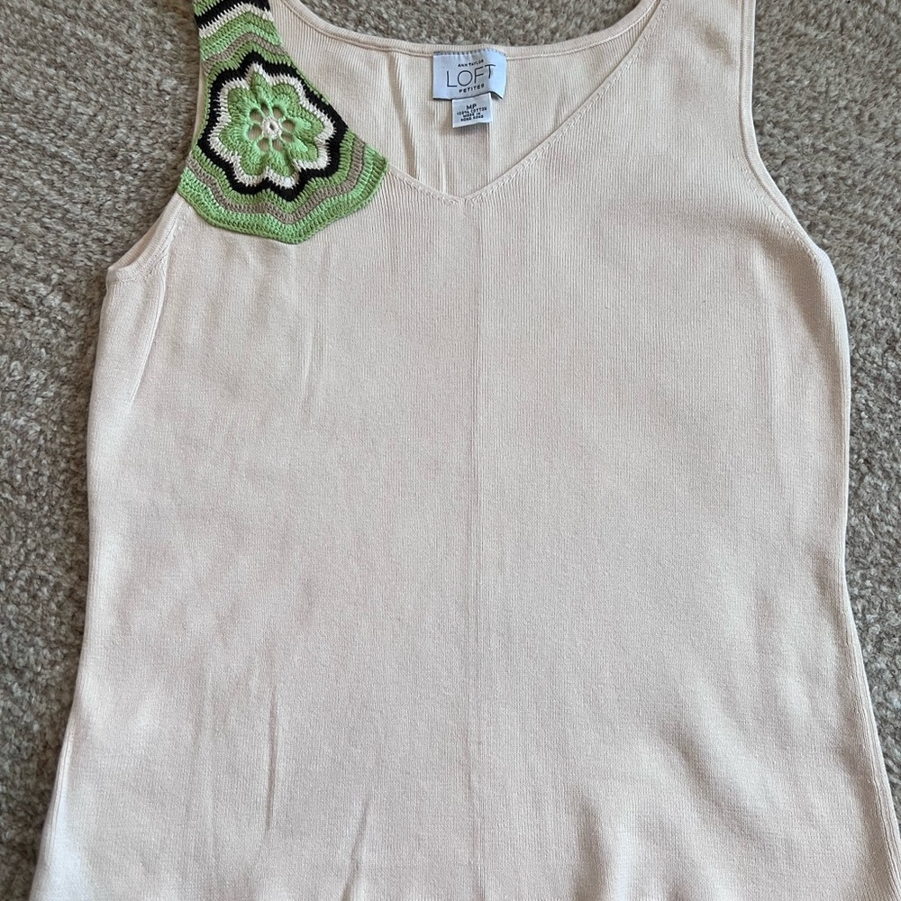 Ann Taylor LOFT Cream Tank Top with Green Crocheted Floral Detail